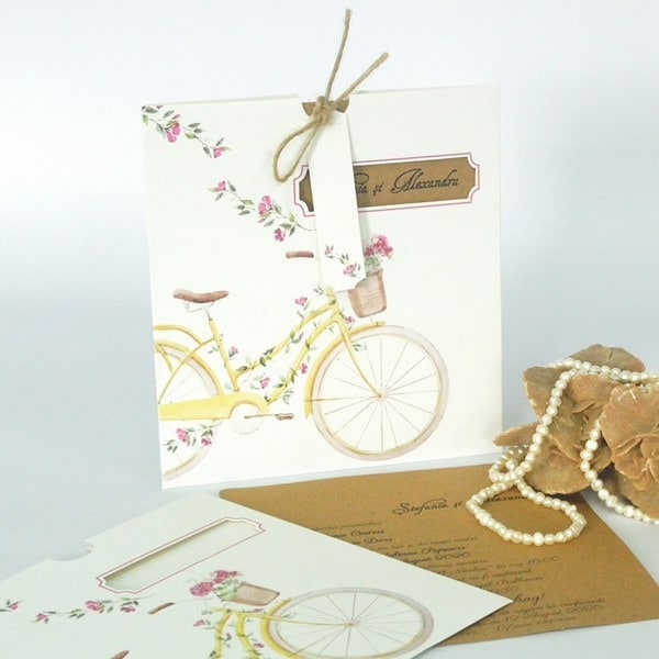 invitație de nuntă cu bicicletă și flori